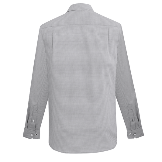 Back view of Jagger Men's Long Sleeve Shirt in silver micro houndstooth available at Stewart's Menswear Mullumbimby.