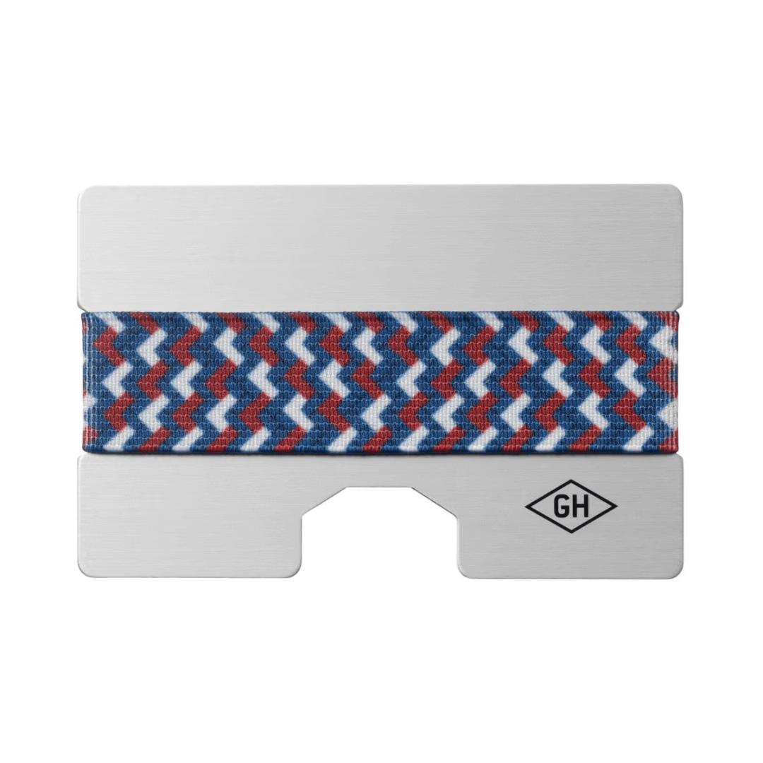 Stewarts Menswear Gentlemen's Hardware aluminium card holder. Photo shows card holder with elastic band around it. Card holder comes with spare band.