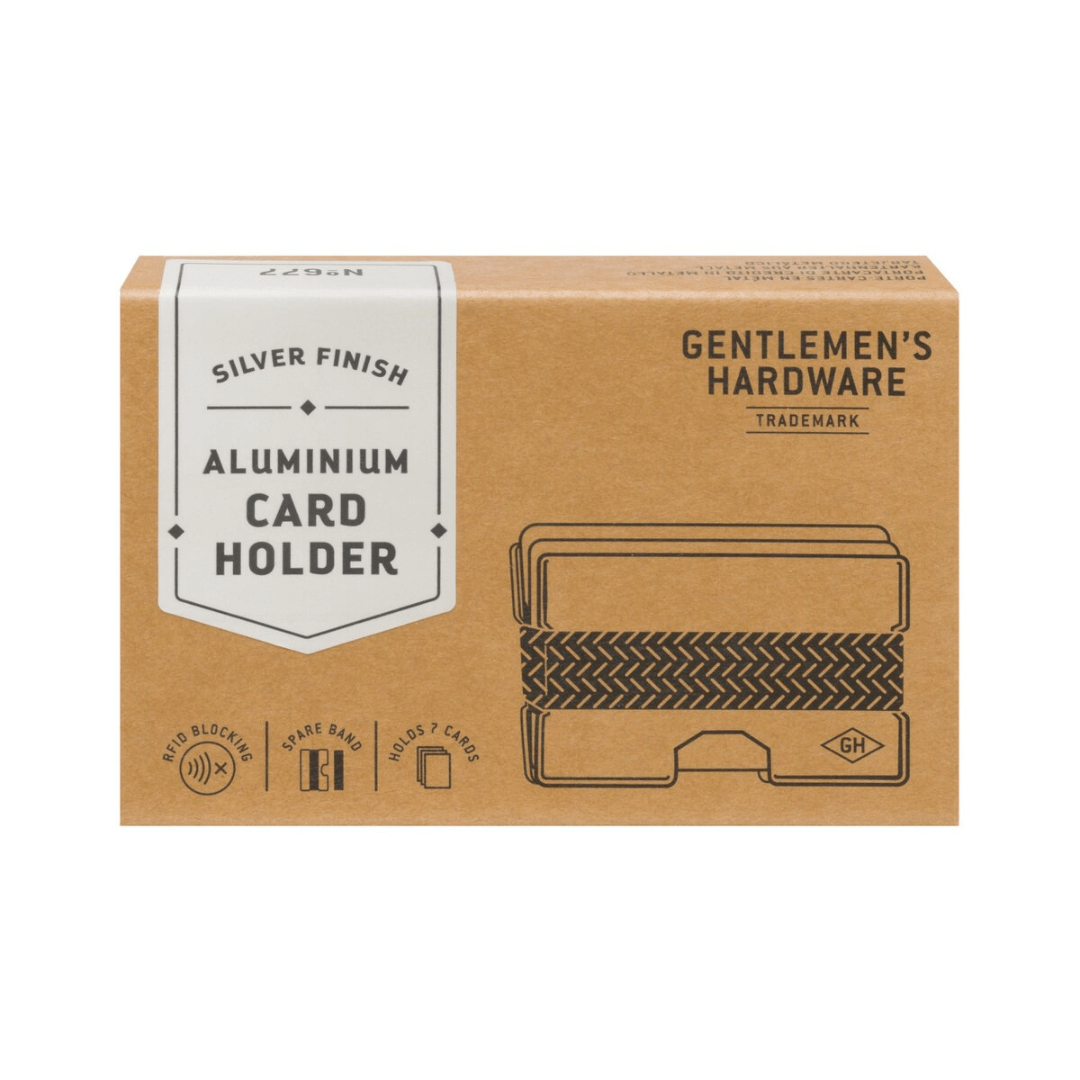 Stewarts Menswear Gentlemen's Hardware aluminium card holder. Photo shows Box packaging. Card holder comes with spare band.