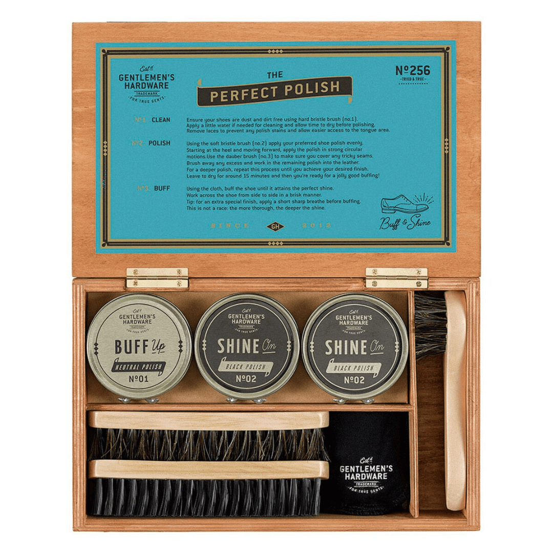 Stewart's Menswear Gentlemen's Hardware. Shoe Shine Kit packed in wooden cigar box.