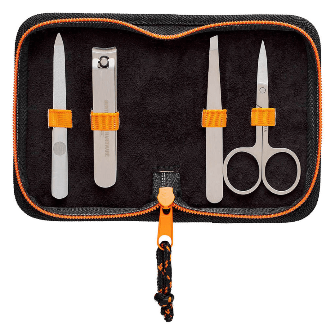 Stewarts Menswear Gentlemen's Hardware men's manicure set. Photo shows zip up storage with 4 items inside.