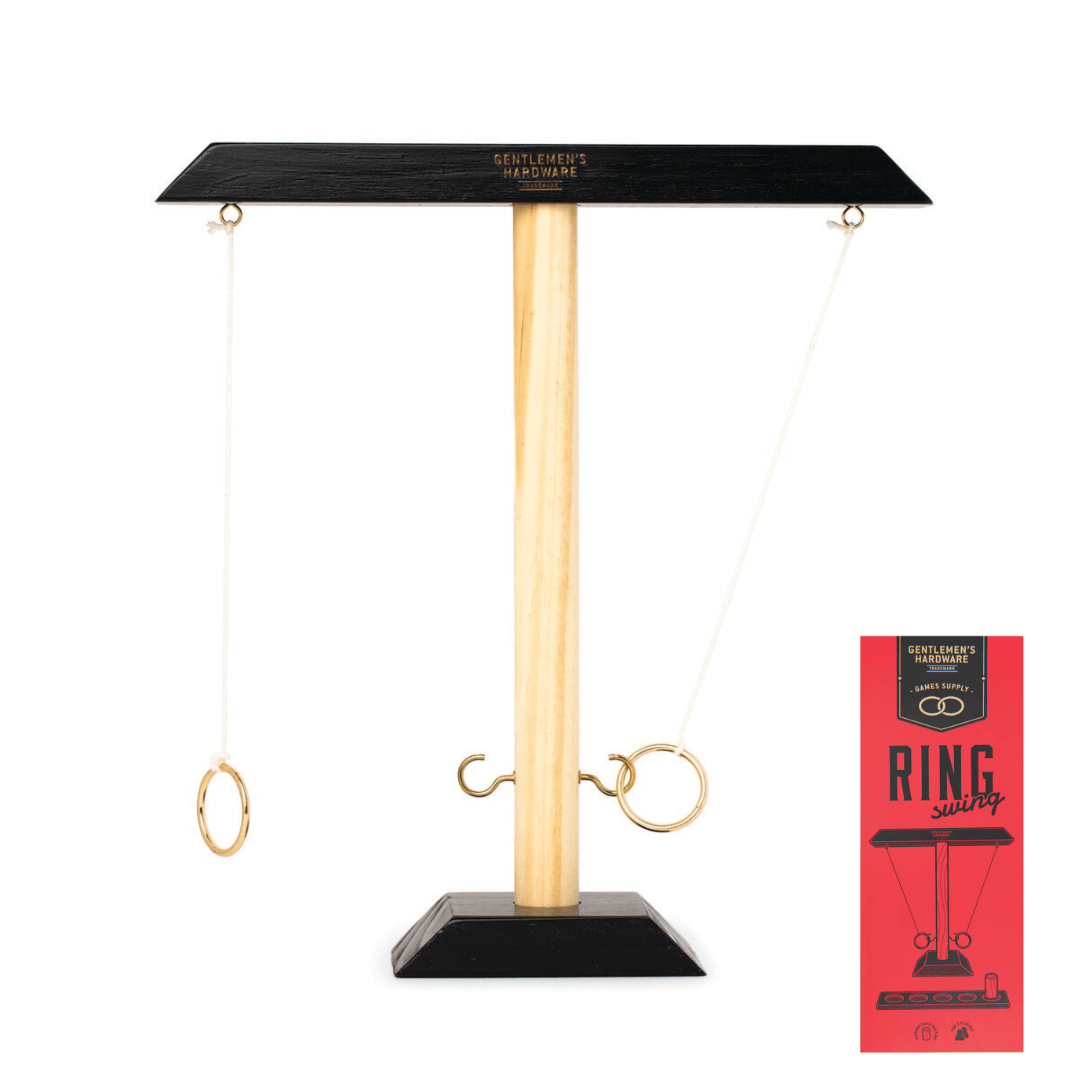 Stewarts Menswear Gentlemen's Hardware Ring Swing Game. Photo shows game set up made from timber. Throw the ring onto the hook to beat your opponent.