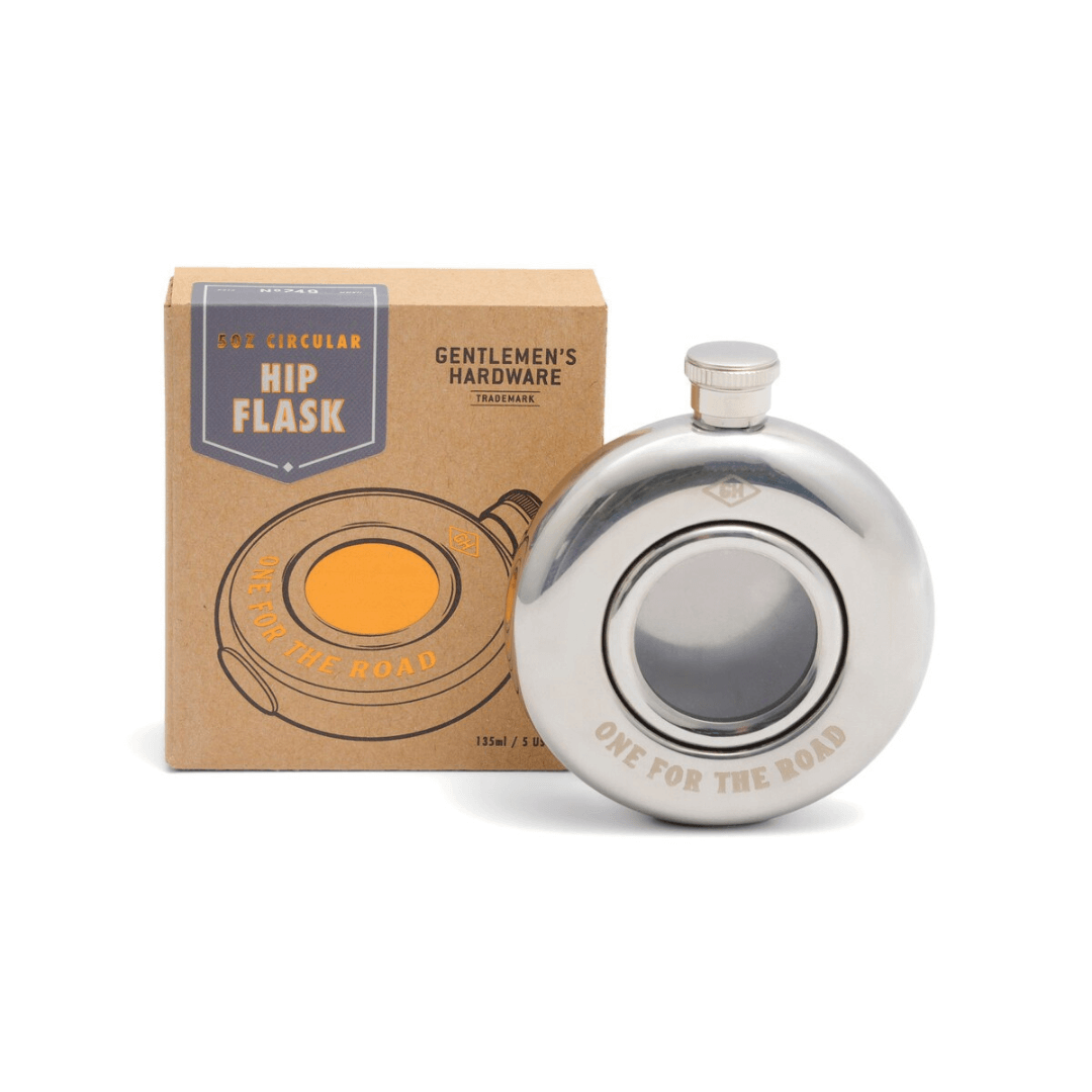 Stewarts Menswear Gentlemens Hardware Round Hip Flask. Stainless Steel hip flask with the words "One for the Road" engraved on front.