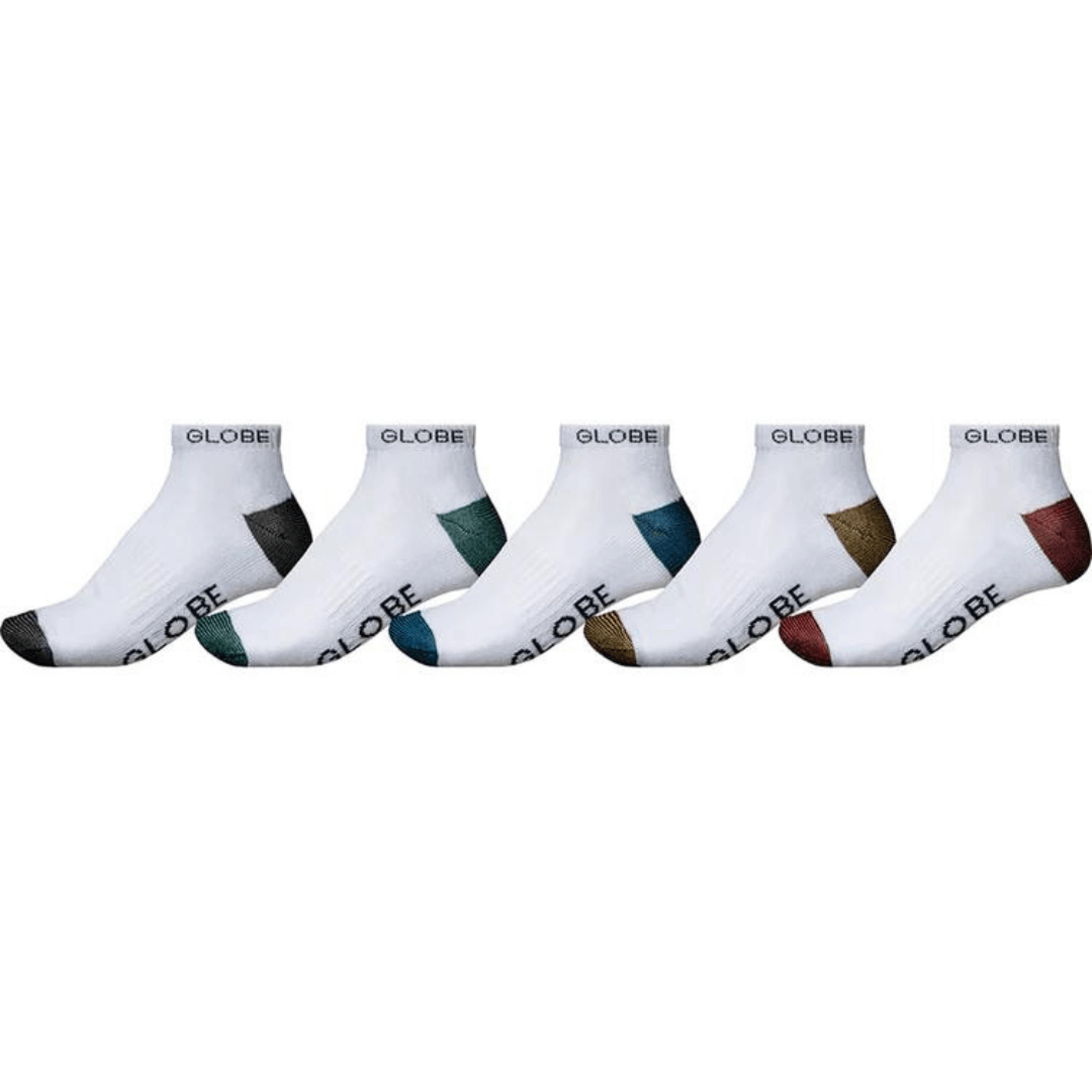 Stewart's Menswear Globe Ankle socks 5 pack. 75% Cotton socks.  Globe Ingles white socks. 5 x white ankle socks with GLOBE written in different colour on each pair and matching heel/toe colour.