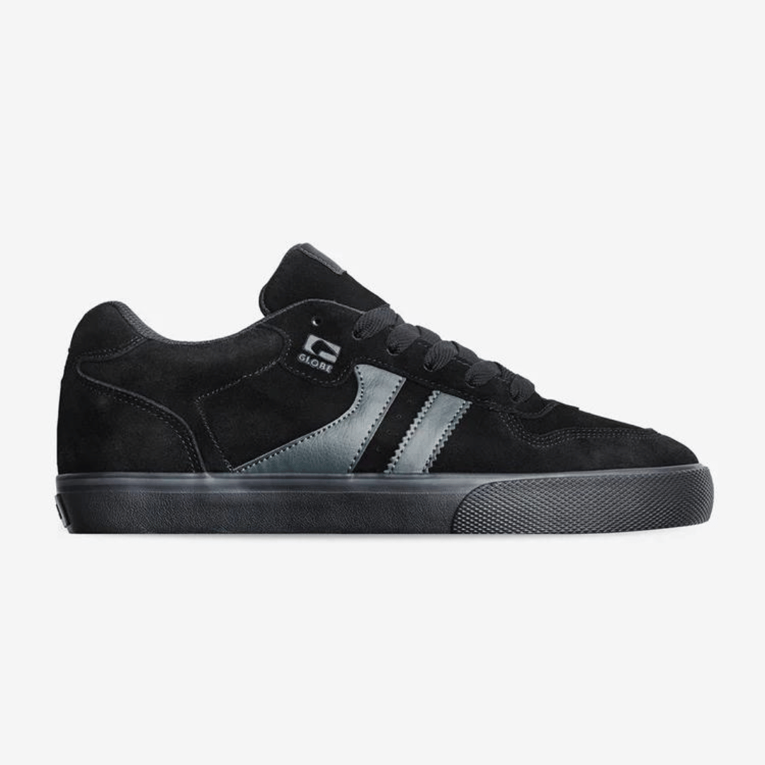 Stewarts Menswear, Mullumbimby. Globe Encore II skate shoe. Photo shows side view of Encore II skate shoe. Colour is Black with black sole and accents.