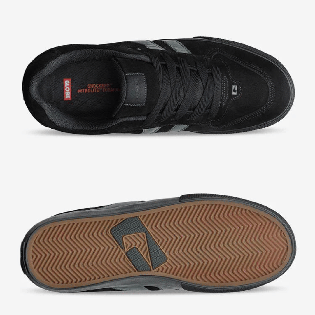 Stewarts Menswear, Mullumbimby. Globe Encore II skate shoe. Photo shows top view and sole of Encore II skate shoe. Colour is Black with black sole and accents.