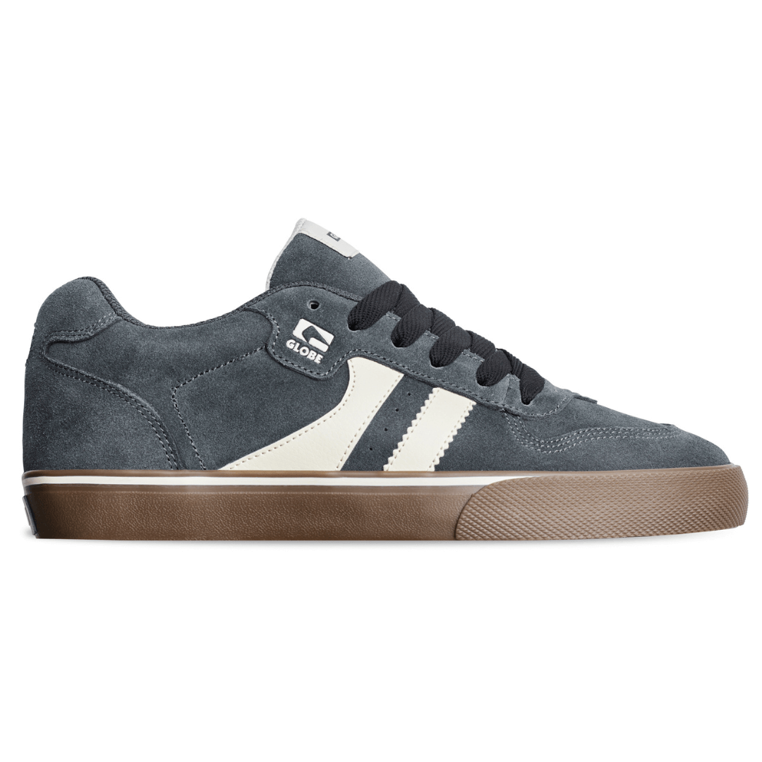 Stewarts Menswear, Mullumbimby. Globe Encore II skate shoe. Photo shows side view of Encore II skate shoe. Colour is Lead (Grey) with gum coloured sole and cream accents.