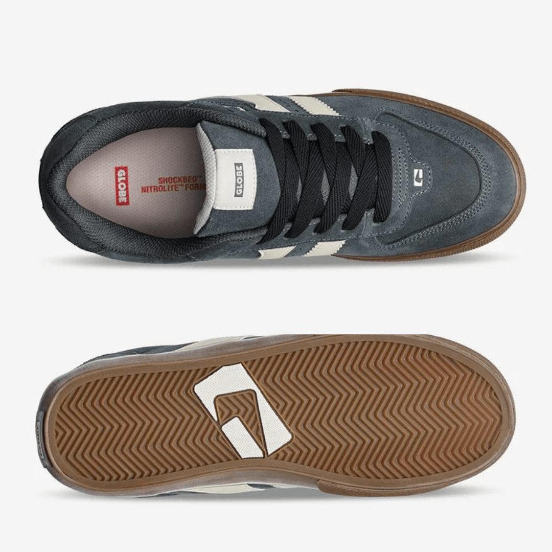 Stewarts Menswear, Mullumbimby. Globe Encore II skate shoe. Photo shows top view and sole of Encore II skate shoe. Colour is Lead (Grey) with gum coloured sole and cream accents.