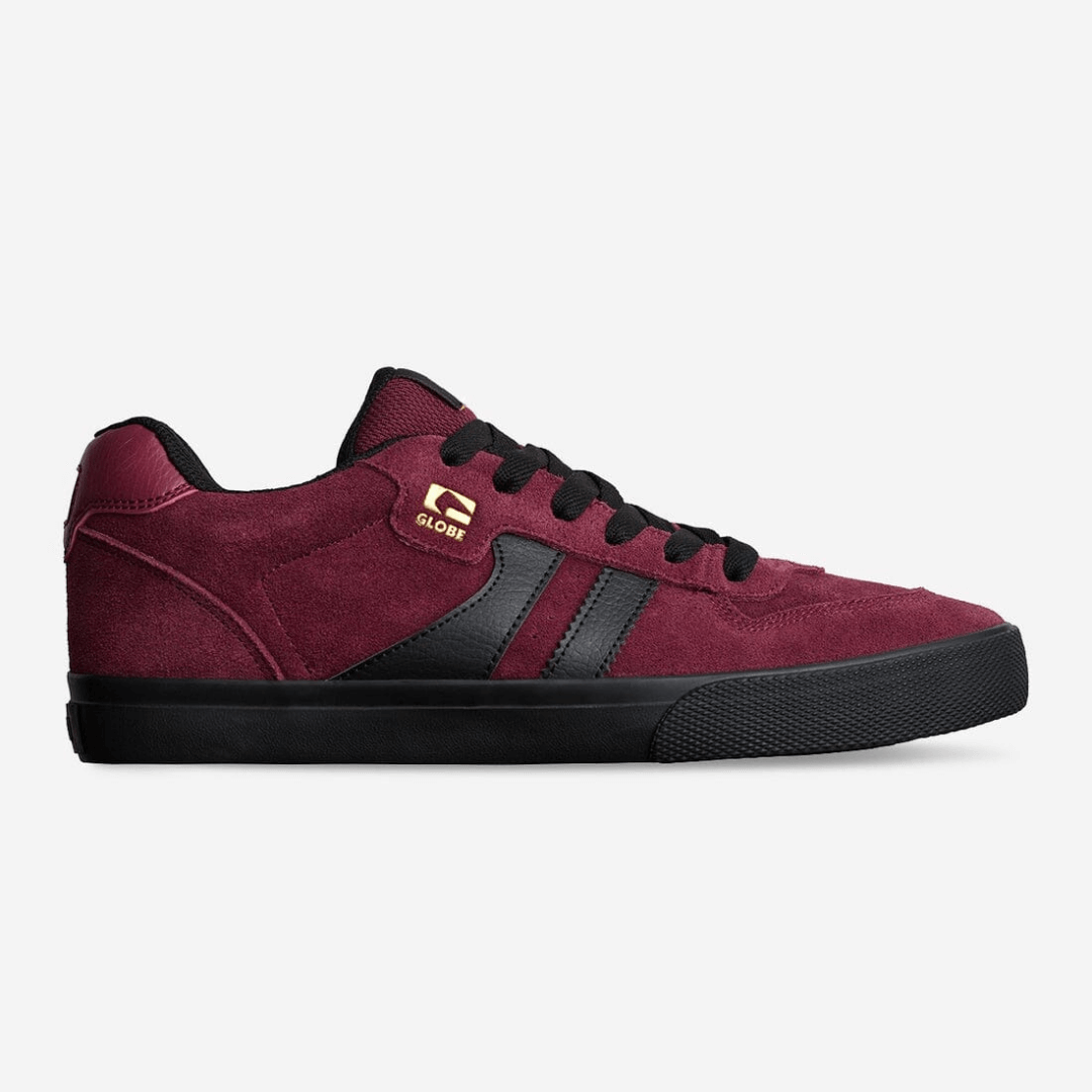Stewarts Menswear, Mullumbimby. Globe Encore II skate shoe. Photo shows side view of Encore II skate shoe. Colour is Port (Maroon) with black sole and accents. Also has Gold Globe Logo near laces.