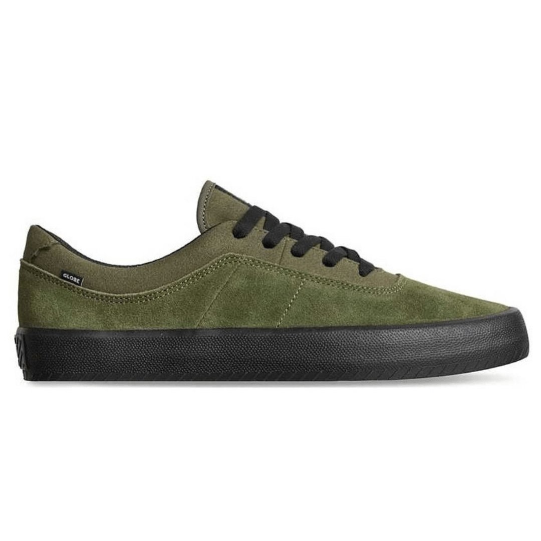 Stewarts Menswear Globe Melbek skate shoe. Colour is Olive with black sole. Photo shows side view of Melbek Skate Shoe.