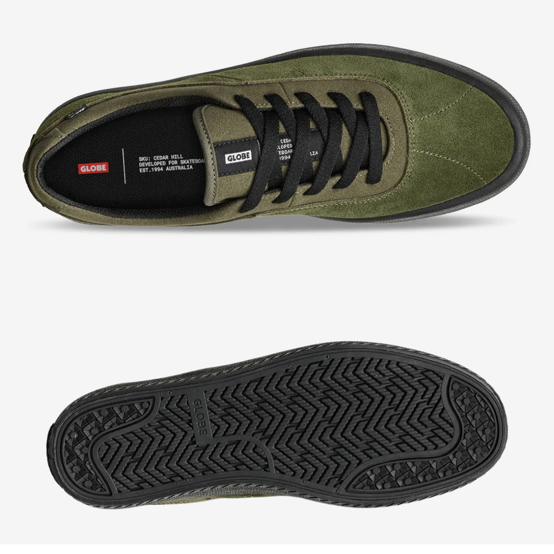 Stewarts Menswear Globe Melbek skate shoe. Colour is Olive with black sole. Photo shows top view and sole of Melbek Skate Shoe.