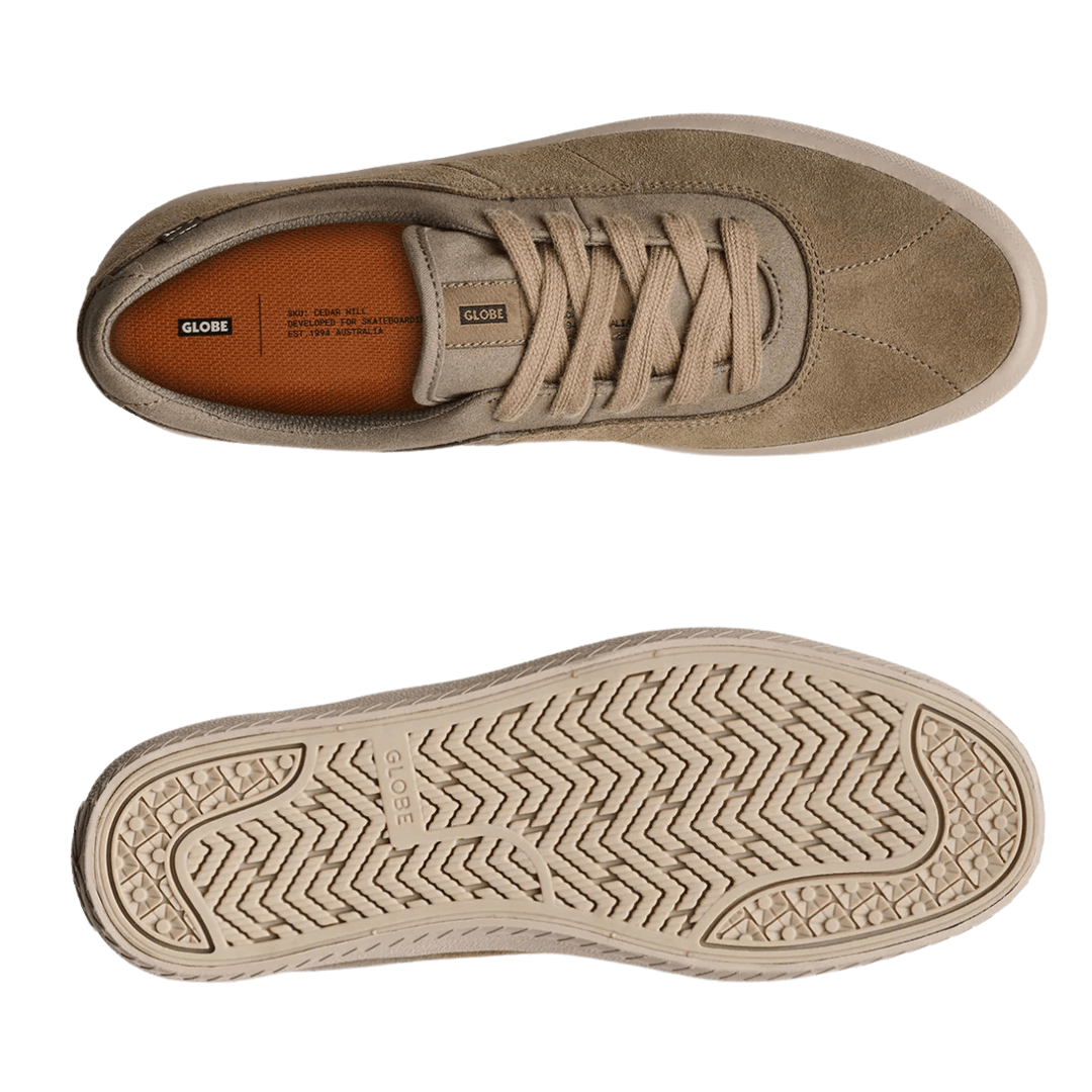 Stewarts Menswear Mullumbimby Globe Melbek Skate Shoes. Colour is walnut, top view and sole.