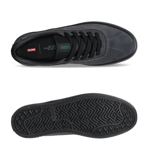 Top view and sole of Melbek Globe skate shoes in grey/black available from Stewarts Menswear, Mullumbimby.