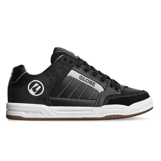 Globe Tilt Skate Shoe available at Stewart’s Menswear Mullumbimby. Classic heritage skate shoe predominantly black with white trim, white stitching and white around sole.