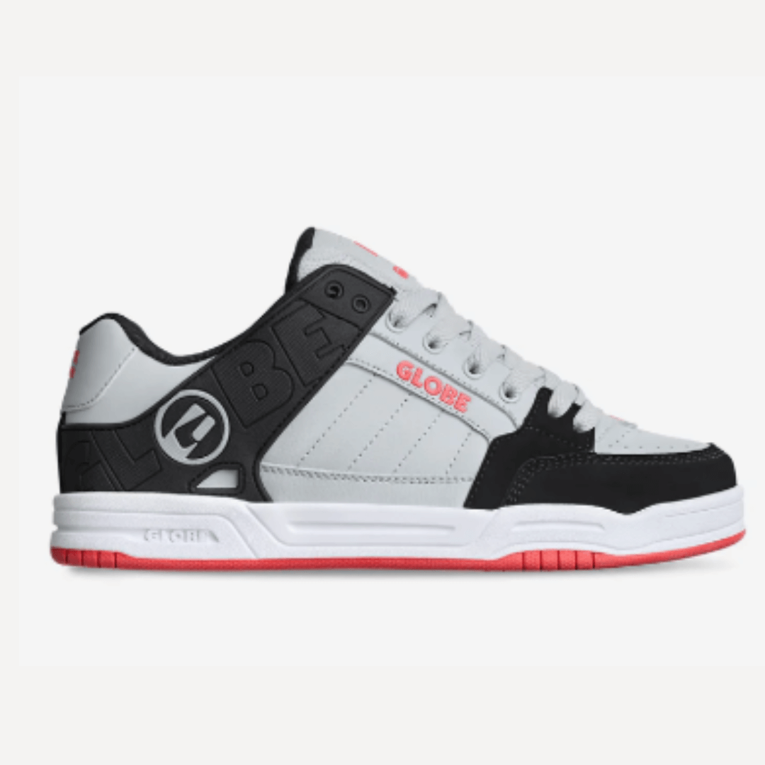 Stewart's Menswear, Mullumbimby. Globe Skate Shoes. Tilt Skate Shoes. Colour is predominately light grey with black trim and red accents. Photo shoes side view of Globe Tilt Skate Shoe.