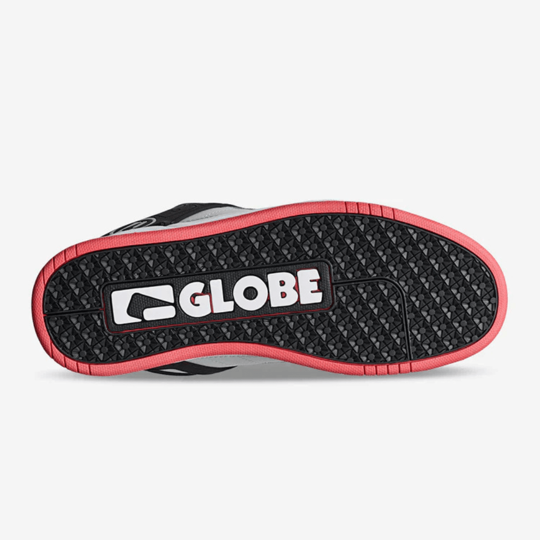 Stewart's Menswear, Mullumbimby. Globe Skate Shoes. Tilt Skate Shoes. Colour is predominately light grey with black trim and red accents. Photo shoes Sole of Globe Tilt Skate Shoe.