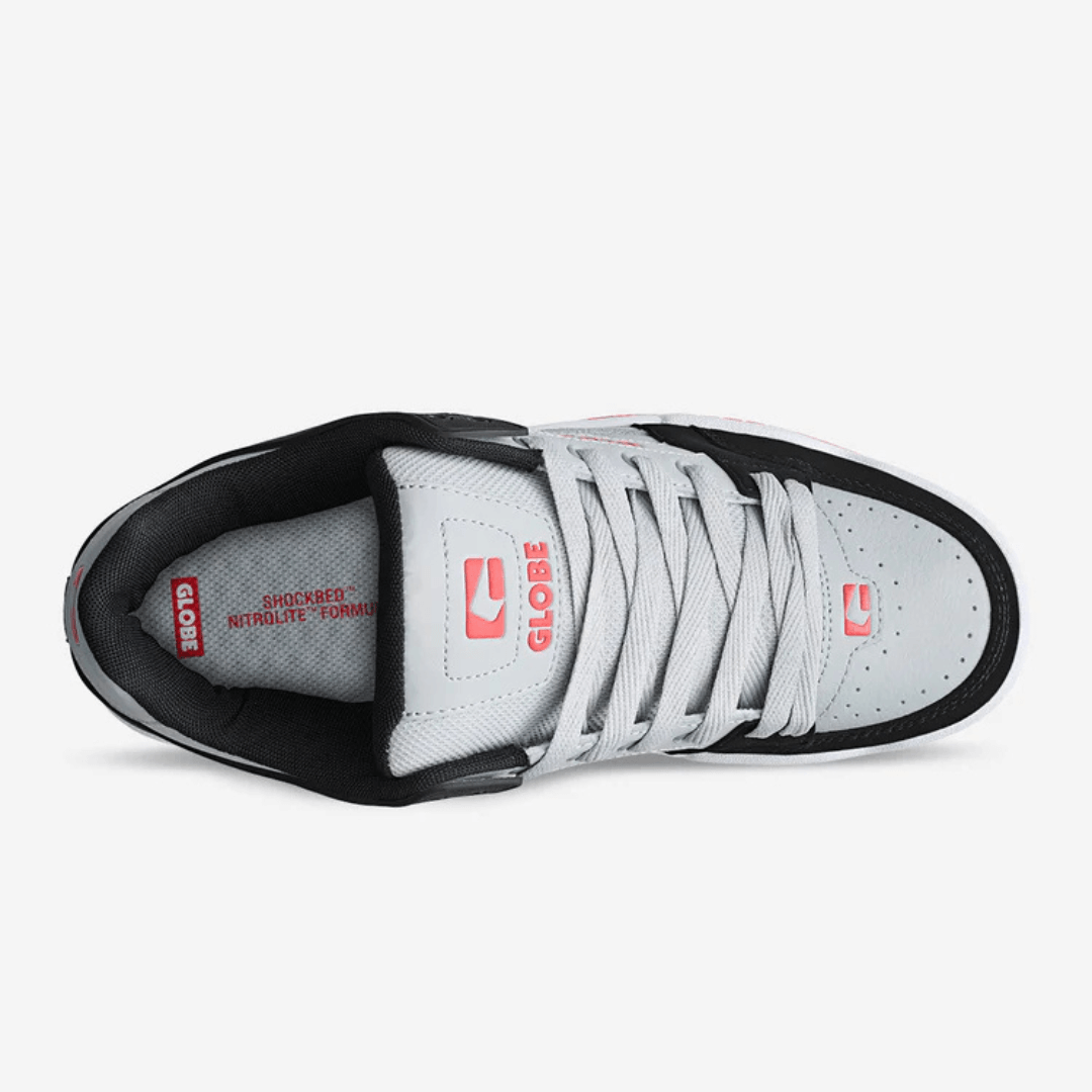 Stewart's Menswear, Mullumbimby. Globe Skate Shoes. Tilt Skate Shoes. Colour is predominately light grey with black trim and red accents. Photo shoes top view of Globe Tilt Skate Shoe
