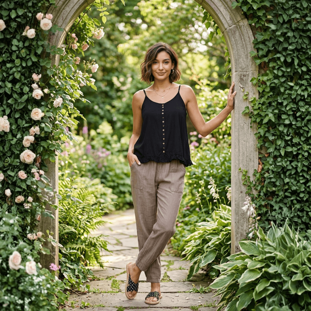 Woman wearing taupe linen pull-on pants and a black cami top, standing in a stone garden archway. Harlow Lane elastic waist linen pants in taupe available from Stewart's Menswear in Mullumbimby