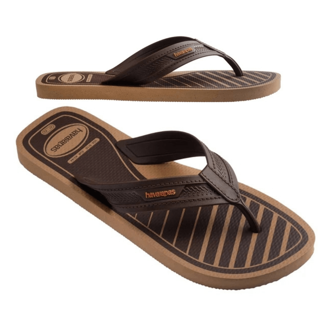 Havaianas City Basic men's thongs with a printed footbed and broad textured straps in Dark Brown, available at Stewart's Menswear Mullumbimby.