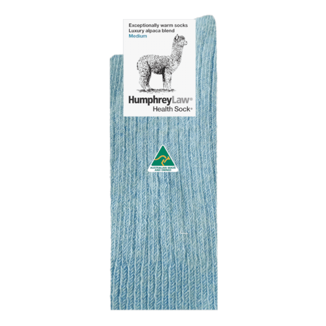 Stewarts Menswear Humphrey Law Australian Made Socks Alpaca/Wool blend. The queen of the Humphrey Law Australian Made sock range, the 60% Alpaca Health sock is an exceptionally warm luxury sock made with a blend of alpaca and wool. These socks feature the patented Health Sock® design with no tight elastic top ensuring a comfortable fit without constricting your circulation. Not suitable for work boots. Flat lay of Baby Blue Colour