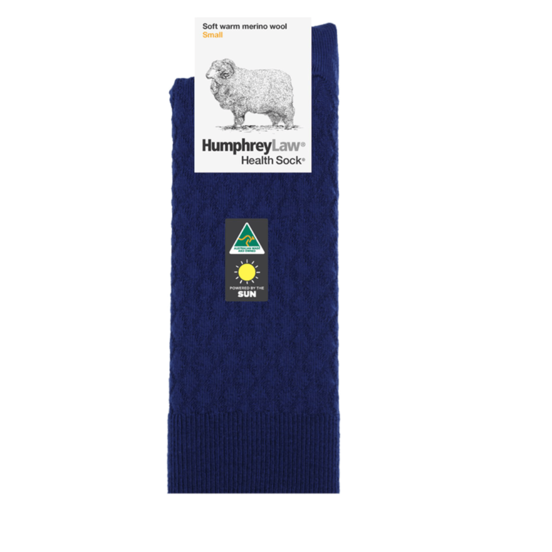 Quilted merino wool ladies' Health Sock in Junior Navy Style 44C, available in small and medium sizes from Stewart's Menswear.