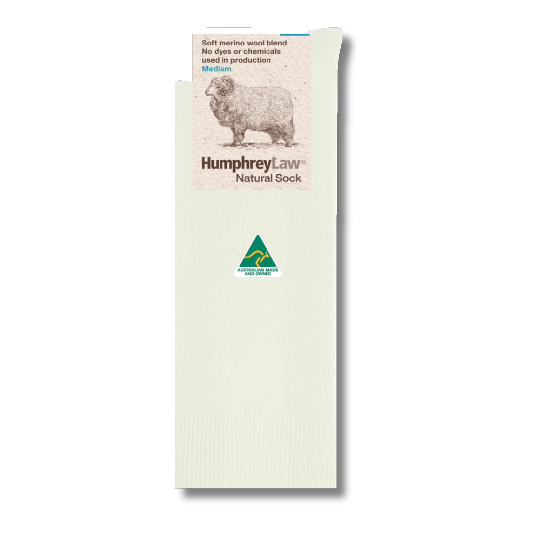Stewarts Menswear Humphrey Law Australian made socks fine merino wool health sock. This sock is a lightweight sock which will fit in any shoes and provides warmth and comfort. The nylon reinforcement will give extended wear. Say goodbye to tight elastic tops with this patented Health Sock®. These natural socks are knitted with raw undyed yarn. No dyes or chemicals are used in the finishing process meaning there are significant advantages to the environment.