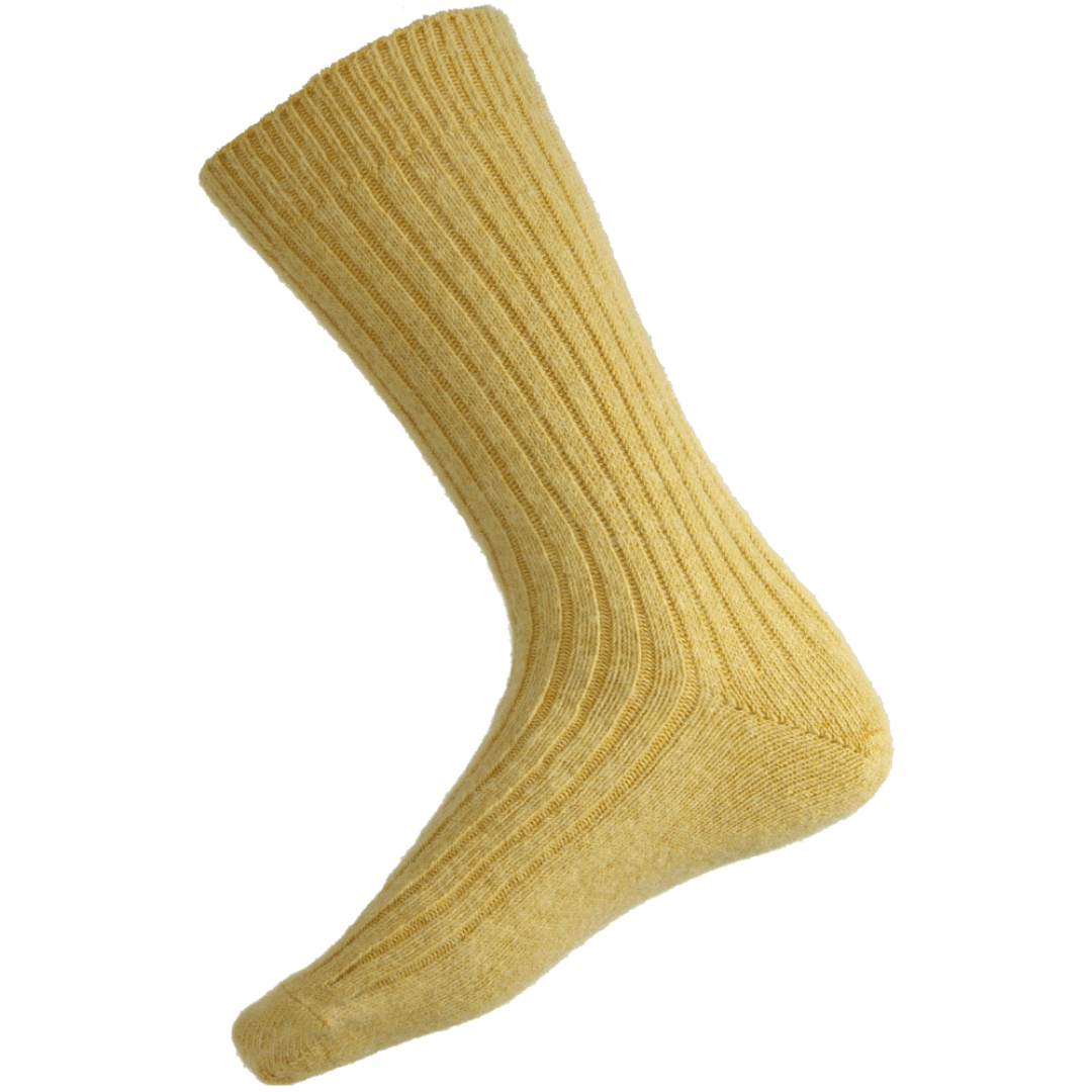 Stewarts Menswear Humphrey Law Australian Made Socks Alpaca/Wool blend. The queen of the Humphrey Law Australian Made sock range, the 60% Alpaca Health sock is an exceptionally warm luxury sock made with a blend of alpaca and wool. These socks feature the patented Health Sock® design with no tight elastic top ensuring a comfortable fit without constricting your circulation. Not suitable for work boots. Flat lay of Empire Yellow Colour