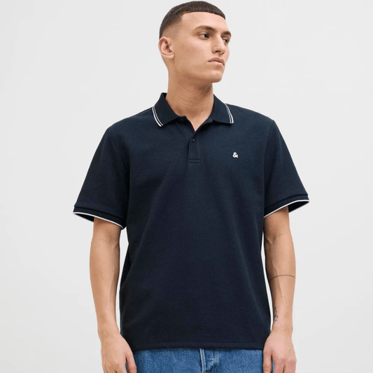 Jack & Jones Austin Polo Shirt in Sky Captain, men's cotton jersey polo with classic collar, available at Stewart's Menswear Mullumbimby.