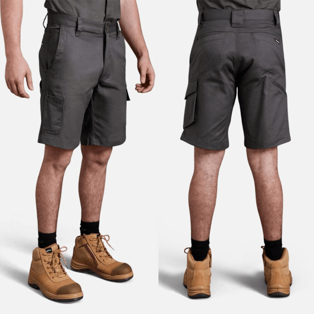 Front and Back view of green coloured King Gee workcool 2 ripstop cotton cargo work shorts.