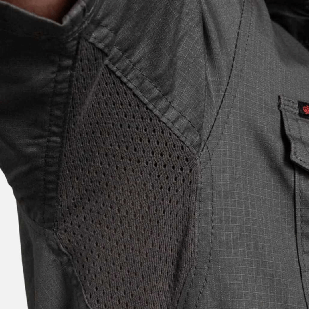Close up of underarm vent on KingGee Workcool 2 Lightweight Ripstop long Sleeve Work Shirt with cooling vents and chest pockets, available at Stewart’s Menswear Mullumbimby.