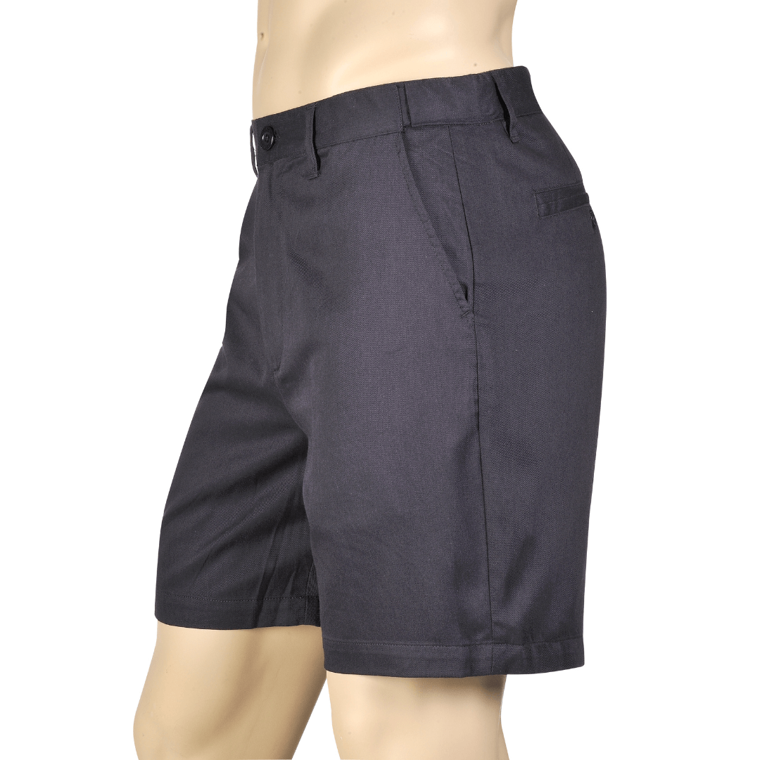 Side view of Navy coloured Kingston Grange bamboo chino shorts available from Stewart's Menswear in Mullumbimby.
