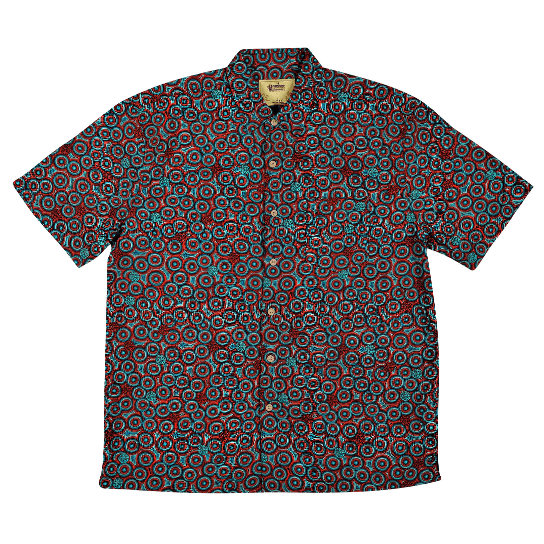 Stewarts Menswear Kingston Grange Bamboo Dreaming shirt. An indigenous Australian print named Wanakiji Dreaming. Features turquoise and red coloured circular design.
