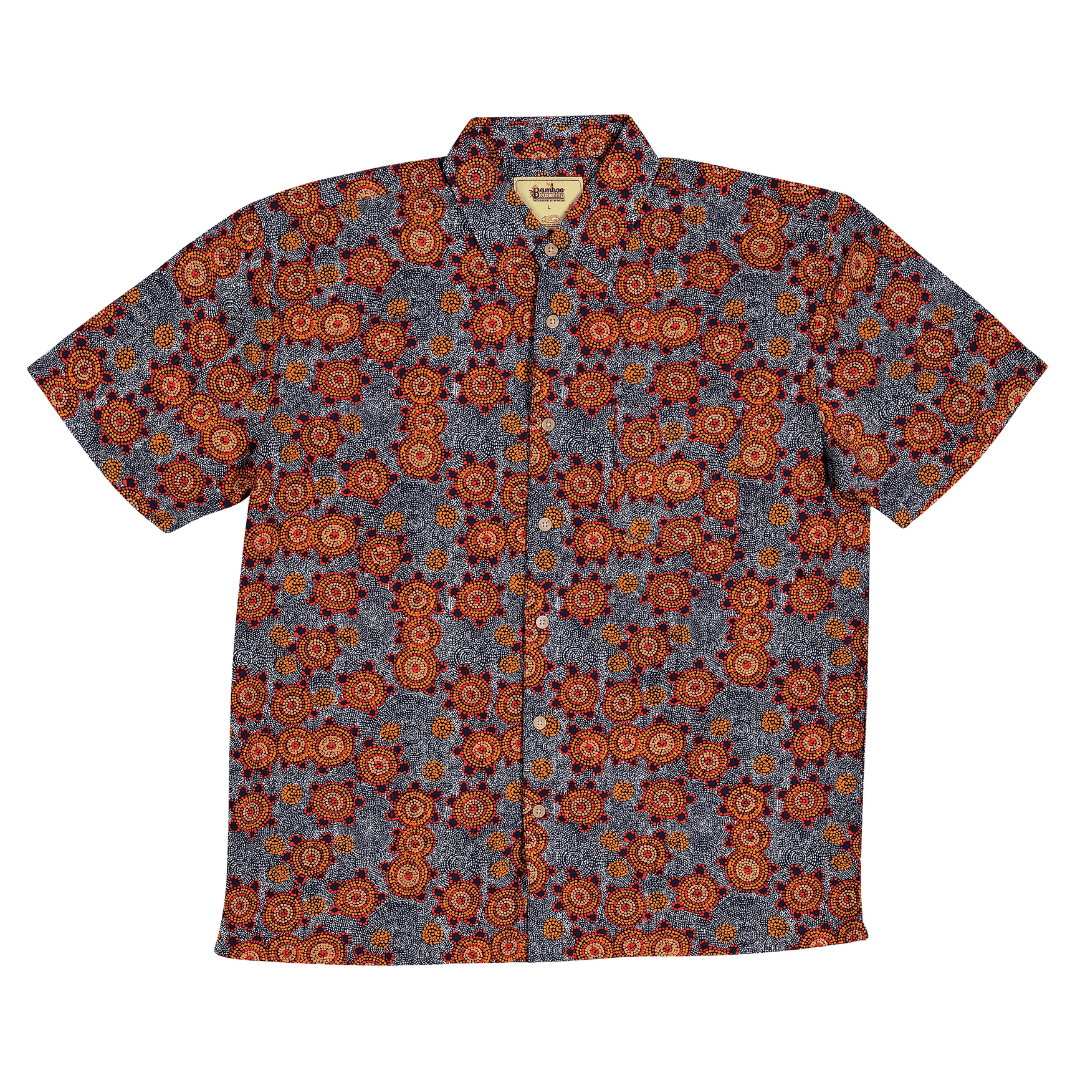 Stewarts Menswear Kingston Grange Bamboo Dreaming shirt. An indigenous Australian print named Bush Tomato. Features grey, orange and red coloured design.