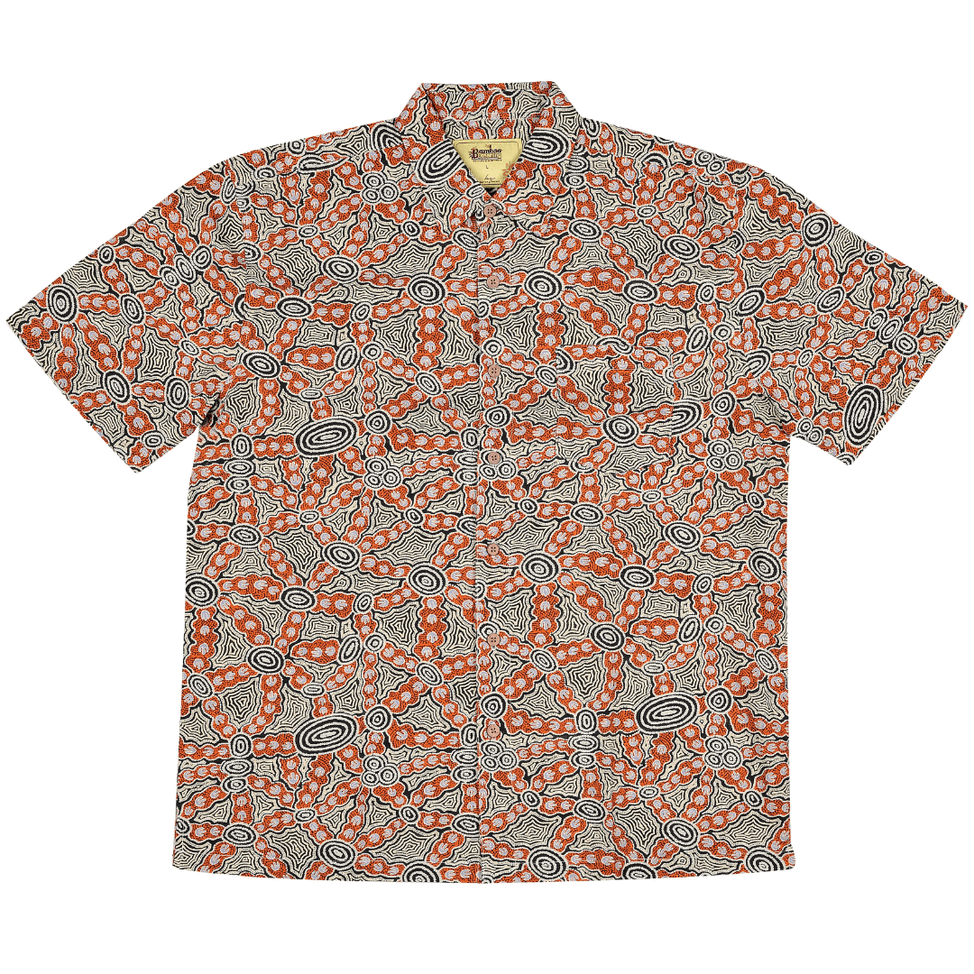 Stewart's Menswear Kingston Grange Bamboo Dreaming Men's Short sleeve shirt - Pikilyi. Bamboo clothing is perfect to wear in our climate and it’s better for the planet too! Bamboo clothing feels soft and silky, a very luxurious fabric which is comfortable to wear. It’s anti static so it sits on the body nicely without clinging. It is also hypoallergenic, breathable and absorbent. This men's bamboo shirt named Pikilyi features aboriginal print predominately ochre, charcoal and white colours.