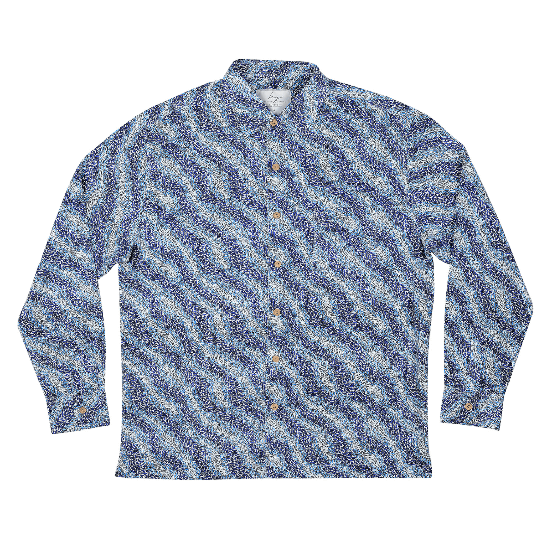 Stewart's Menswear, Mullumbimby. Kingston Grange bamboo long sleeve shirt, Fire Country. An indigenous print shirt featuring predominately blues and white.