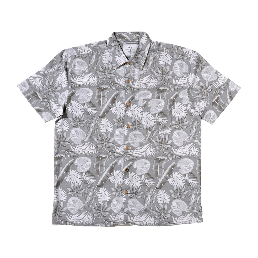 Stewarts Menswear Kingston Grange Bamboo shirt. Bamboo clothing is perfect to wear in our climate and it’s better for the planet too! Bamboo clothing feels soft and silky, a very luxurious fabric which is comfortable to wear. It’s anti static so it sits on the body nicely without clinging. It is also hypoallergenic, breathable and absorbent. This shirt which is named "Kuranda" has a grey background with tropical white leaves printed all over.