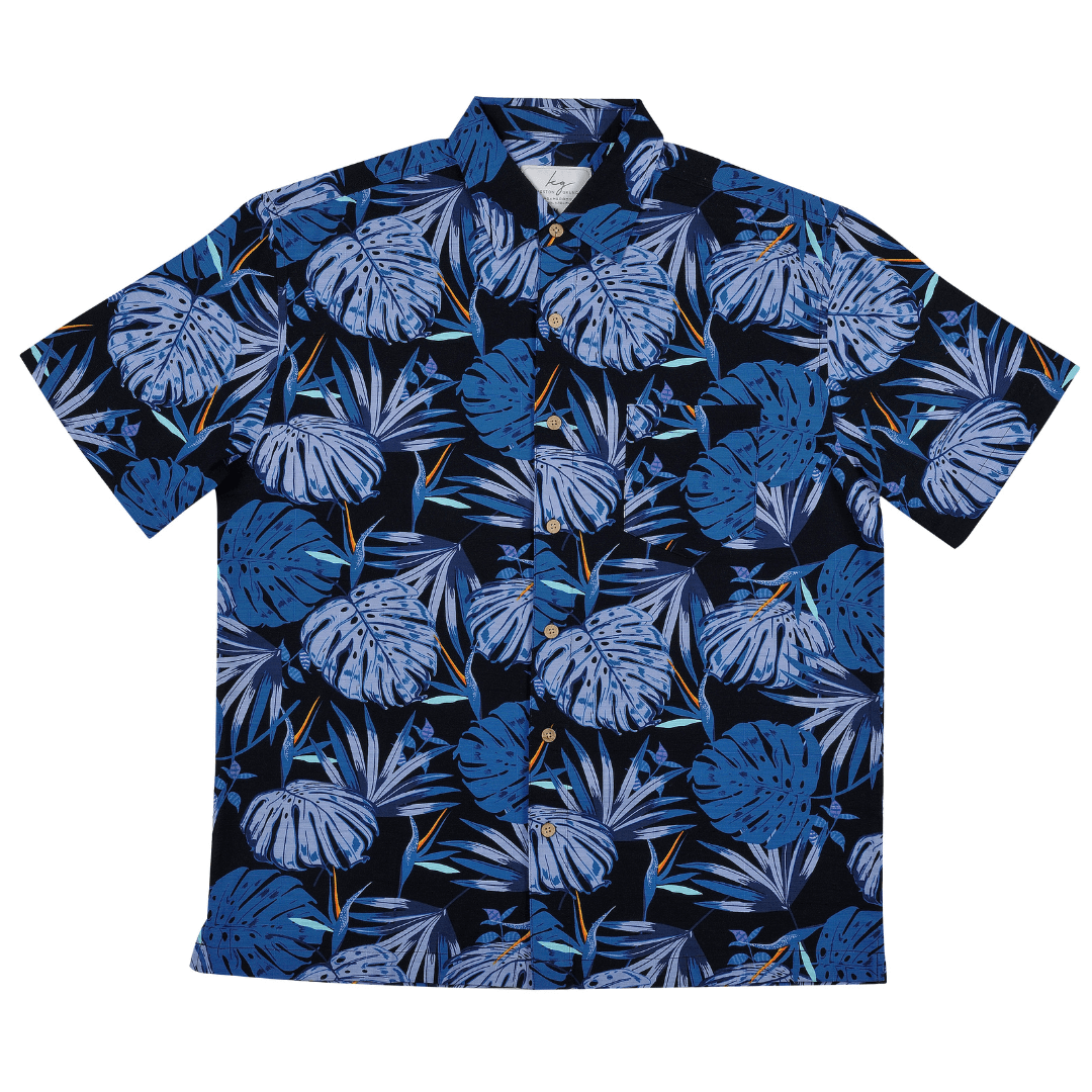 Kingston Grange bamboo shirt midnight palms available from Stewart's Menswear Mullumbimby. Black background with blue leaf print.