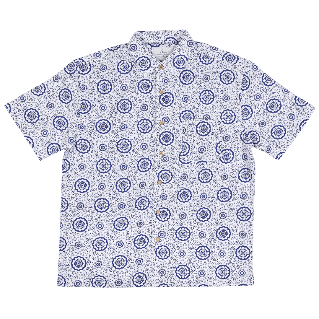 Stewarts Menswear Kingston Grange bamboo shirt, Hayman. White background with blue geometric floral print all over.