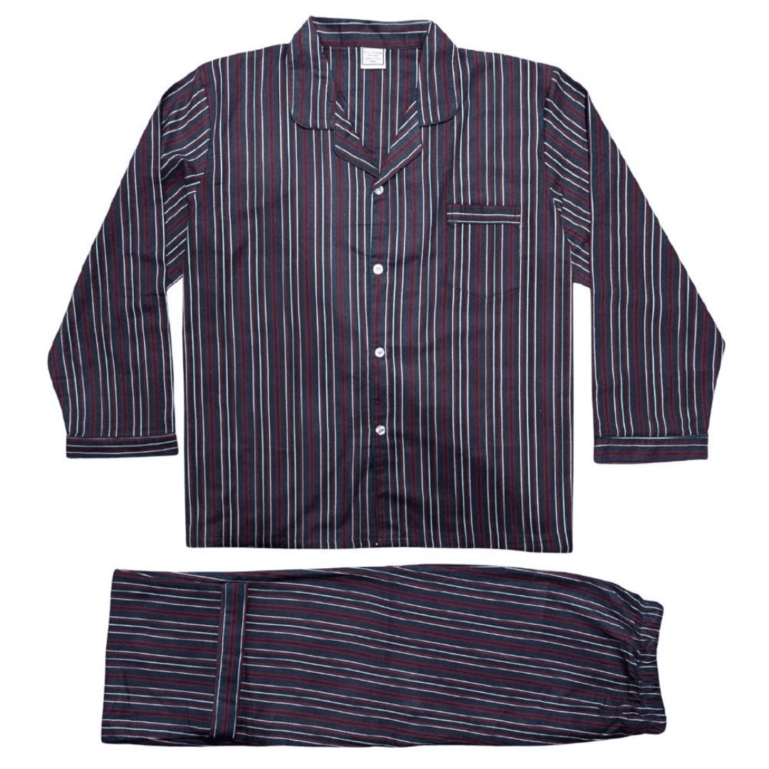 Stewart's Menswear, Mullumbimby. Cosy Suede Flannelette pyjamas. Koala Clothing's Men's Cosy Suede Flannelette pyjamas are made from 100% cotton. Guaranteed to gets softer with each wash, cosy and comfortable every time. Designed with a generous fit for maximum comfort and the double brushed cotton is soft on the skin to allow an easy nights sleep. Features both an elastic waist and a drawstring for a perfect fit and includes a chest pocket. Grey, white and burgundy stripes.
