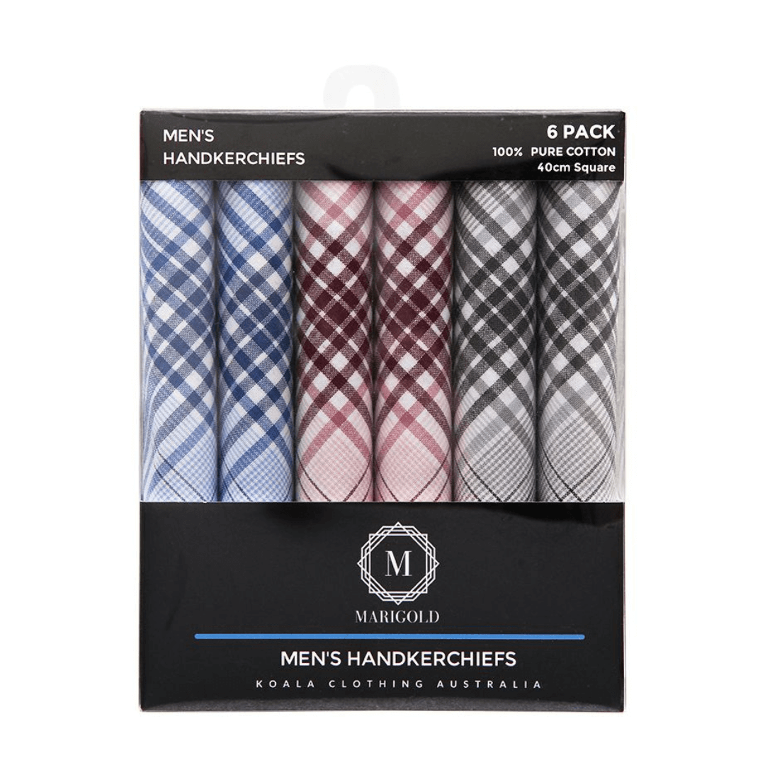 Stewarts Menswear Koala Clothing Mens Hankies 6 pack. Mens Handkerchiefs assorted checks. 2 x blue, 2 x maroon, 2 x grey. A gift pack of high quality 100% cotton handkerchiefs is a thoughtful gift which is light and can be wrapped and packaged easily for posting These hankies are made of high quality 100% cotton that is soft and gentle on the skin and they are presented in a nice gift pack.