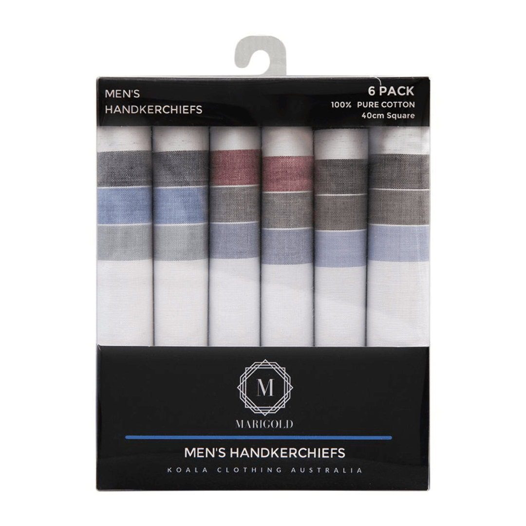 Stewarts Menswear Koala Clothing Men's hankies 6 pack. Mens Handkerchiefs, wide stripe pattern on white hankies, pack of 6 in a gift box. A gift pack of high quality 100% cotton handkerchiefs is a thoughtful gift which is light and can be wrapped and packaged easily for posting These hankies are made of high quality 100% cotton that is soft and gentle on the skin and they are presented in a nice gift pack.