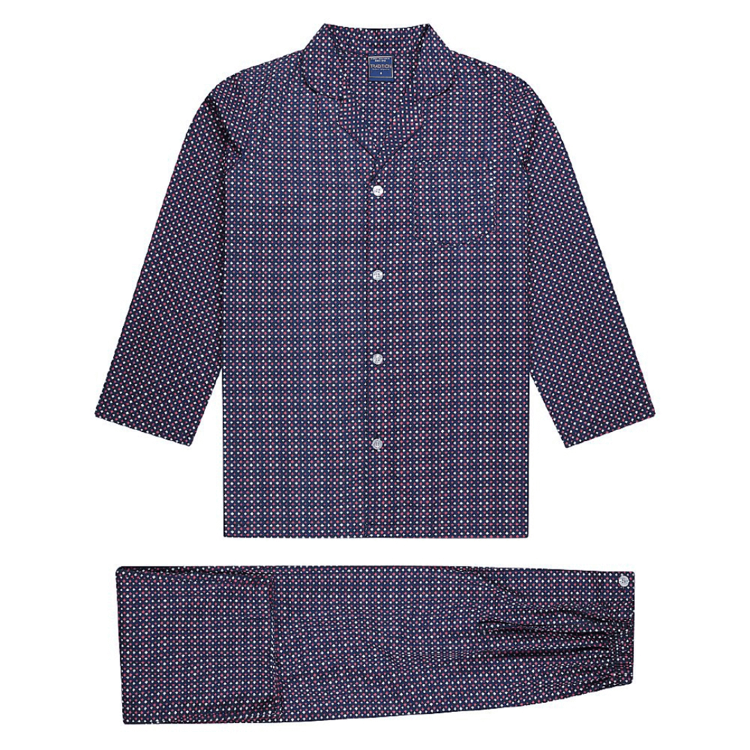 Stewart's Menswear Koala Clothing Men's long pyjama set Burgundy. Go to sleep wearing Australia's comfiest pyjamas. Koala's Tradition pyjamas are generously made for extra comfort using a 60% cotton 40% polyester blend which make it soft yet durable for many nights of comfortable sleep. The shirt features a chest pocket and the pants have a concealed fly. Colour is Navy with white and burgundy shapes printed all over.
