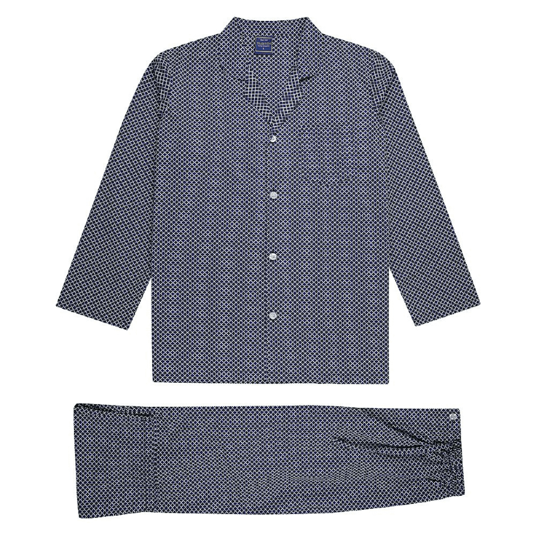 Stewart's Menswear Koala Clothing Men's long pyjama set Burgundy. Go to sleep wearing Australia's comfiest pyjamas. Koala's Tradition pyjamas are generously made for extra comfort using a 60% cotton 40% polyester blend which make it soft yet durable for many nights of comfortable sleep. The shirt features a chest pocket and the pants have a concealed fly. Colour is Navy with white square shapes printed all over.