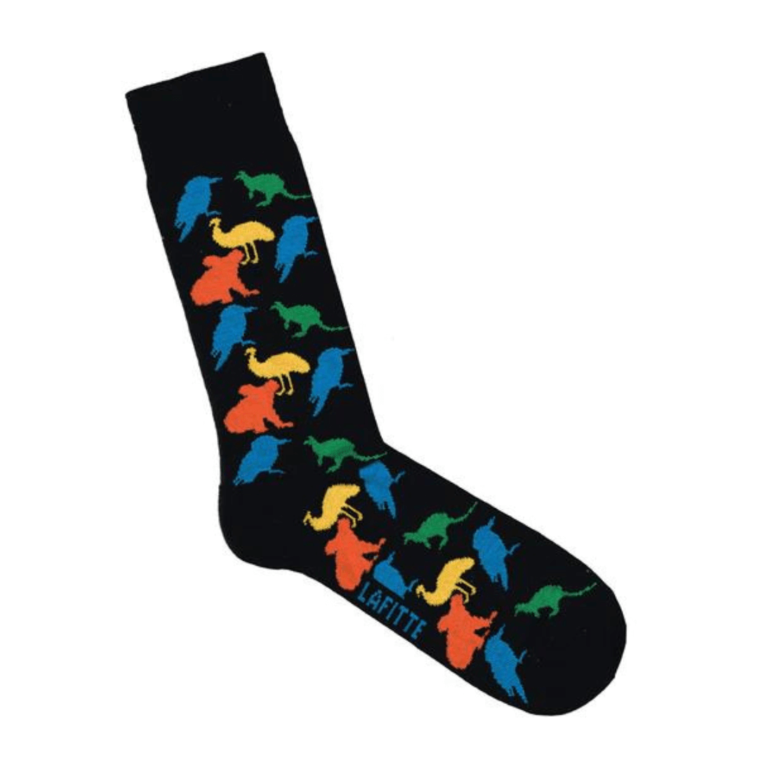 Stewarts Menswear Lafitte Australian made socks. Colour is black. Silhouettes of Australian animals all over in colours yellow, aqua, green, and orange.