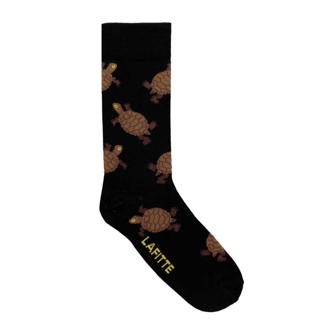 Stewarts Menswear Lafitte Australian made socks endangered species, western swamp turtle, black. The Western Swamp Turtle is the one of the most endangered Australian reptiles and considered critically endangered. Lafitte have designed this Australian made range of super comfortable bamboo socks to bring awareness to Australia's most endangered species. Black coloured sock with Western swamp turtle all over.