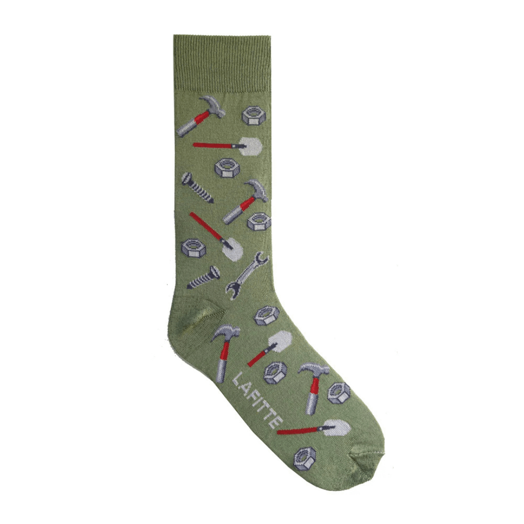 Stewarts Menswear Lafitte Australian Made socks, Fix it tools design. Colour is khaki with tools printed all over.