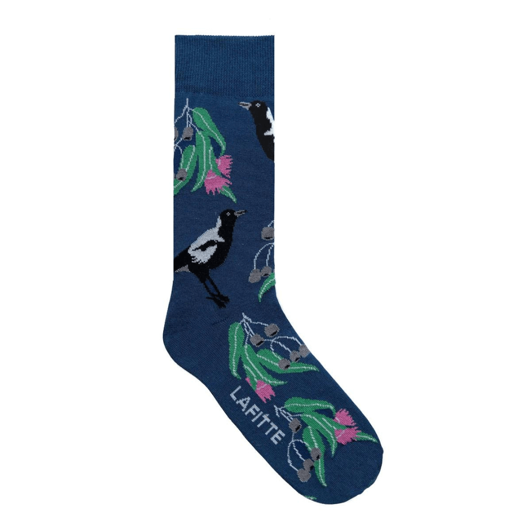 Stewarts Menswear Lafitte Australian made socks. Colour is Airforce blue with magpies and australian native flowers all over.
