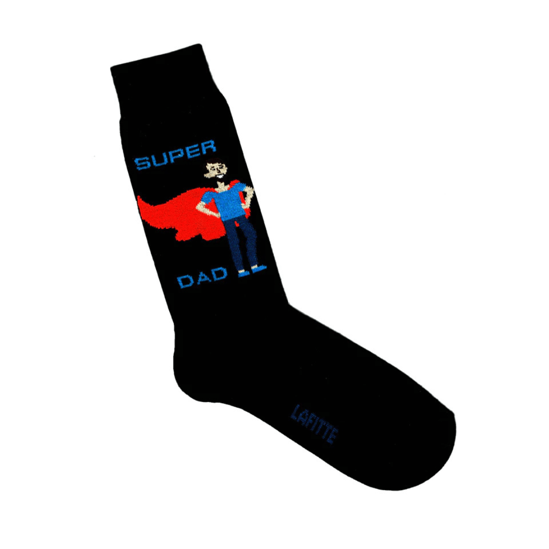 Stewarts Menswear Lafitte Australian Made socks, Super Dad design. Colour is black with a Dad dressed in blue wearing a red cape and the words "Super Dad