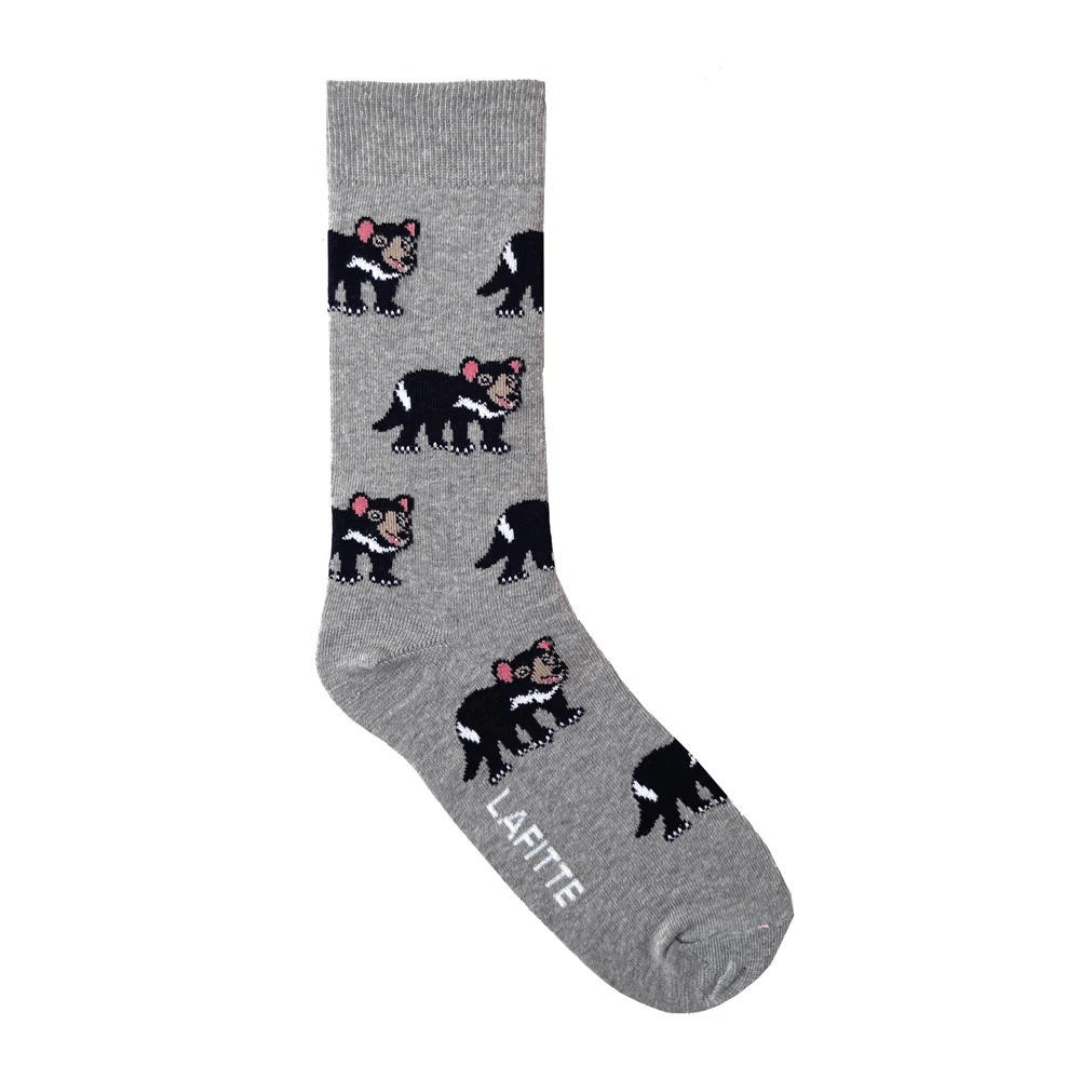 Stewarts Menswear Lafitte Australian made socks. Colour is marle grey with Tasmanian devil all over.