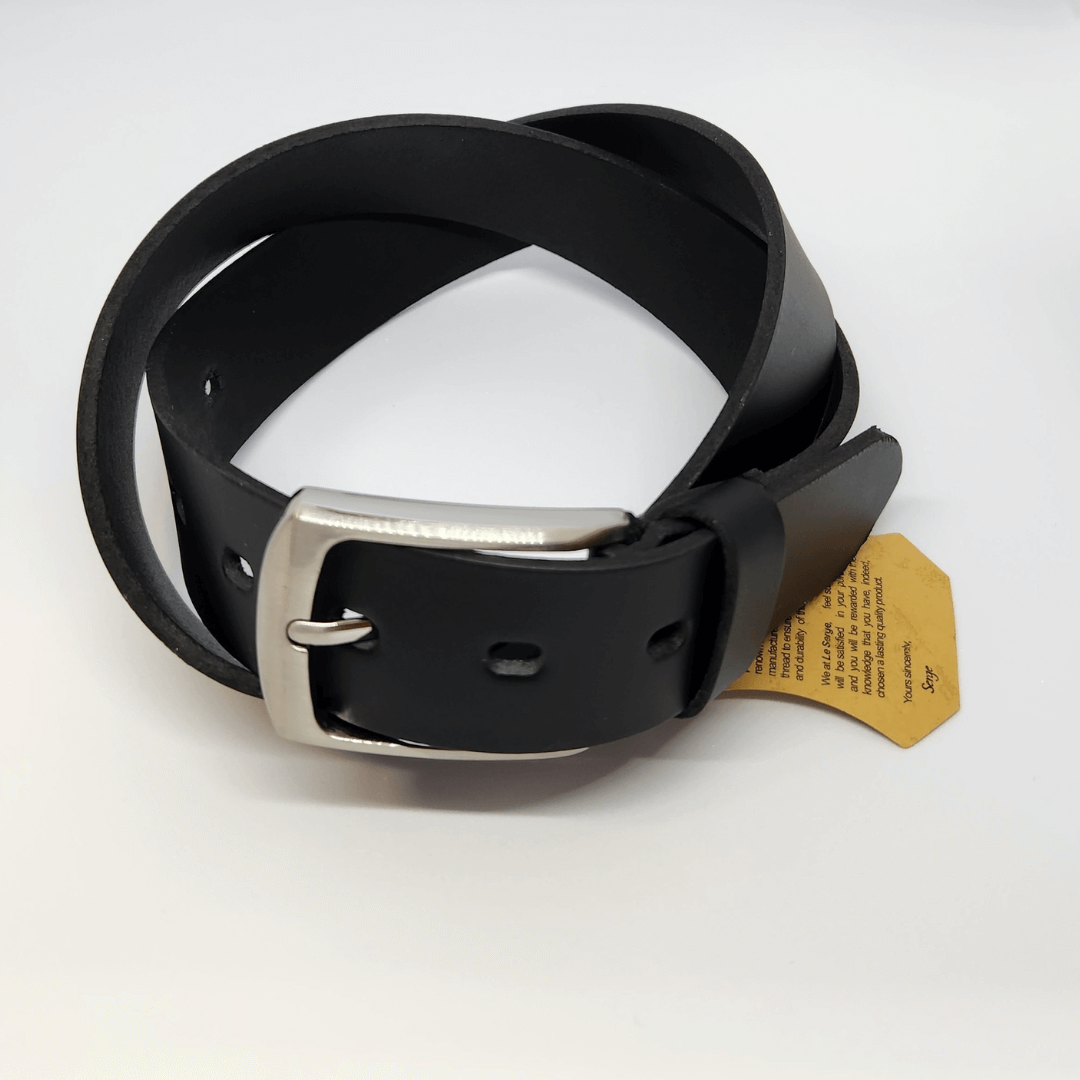 Stewarts Menswear Le Serge Australian made leather belt. Black with silver buckle. Le Serge Men's 100% Genuine Leather Belt These men's leather belts are proudly made in Australia, a quality product that will stand the test of time.